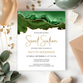 Budget Hunter Green Gold Agate Sweet 16 Einladung