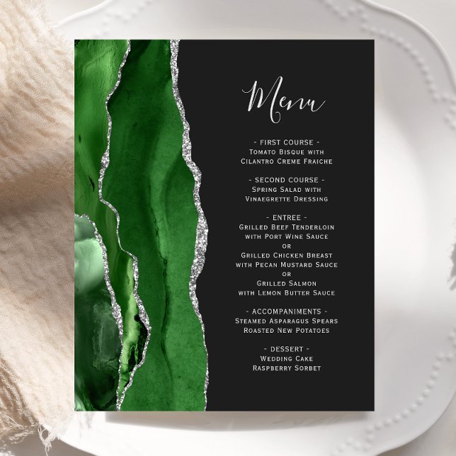 Budget Hunter Green Silver Agate Dark Wedding Menu (Von Creator hochgeladen)