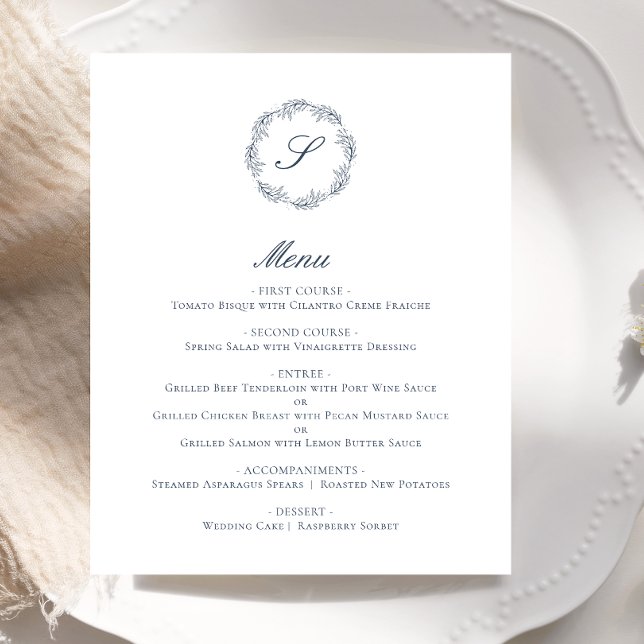 Budget Indigo Blue Monogram Wreath Wedding Menu (Von Creator hochgeladen)