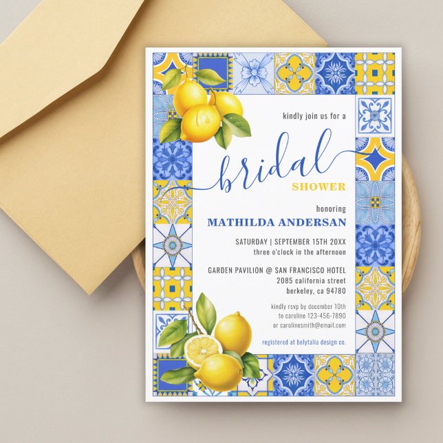 Budget Italian Tiles Lemon Summer Brautparty Einladung (Budget Italian Tiles Lemon Summer Bridal Shower Invitation)