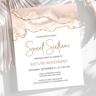 Budget Ivory Gold Agate Sweet 16 Einladung