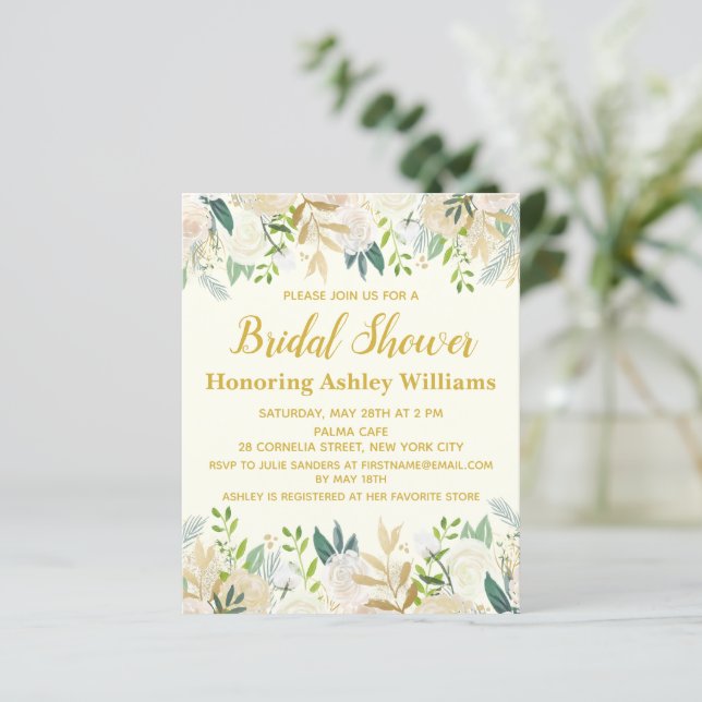 Budget Ivory Greenery Bridal Dusche Einladung (Stehend Vorderseite)