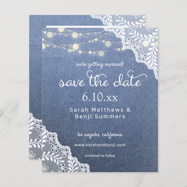 Budget Jean, Lace & Lights Save the Date V2 Foto (Vorne/Hinten)