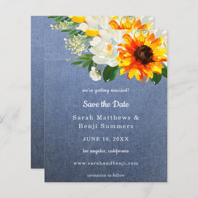 Budget Jean Sunflower & White Floral Save the Date (Vorne/Hinten)