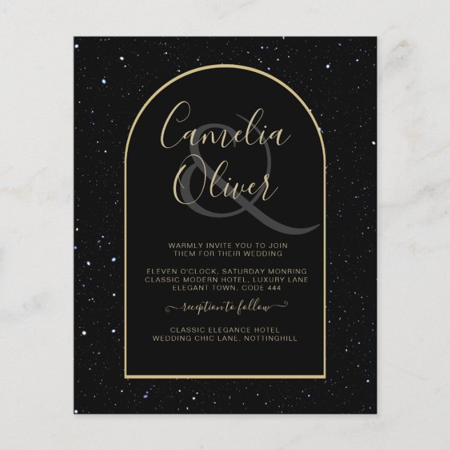BUDGET Jet BLACK GOLD Starry Night Wedding INVITE Flyer (Vorne)