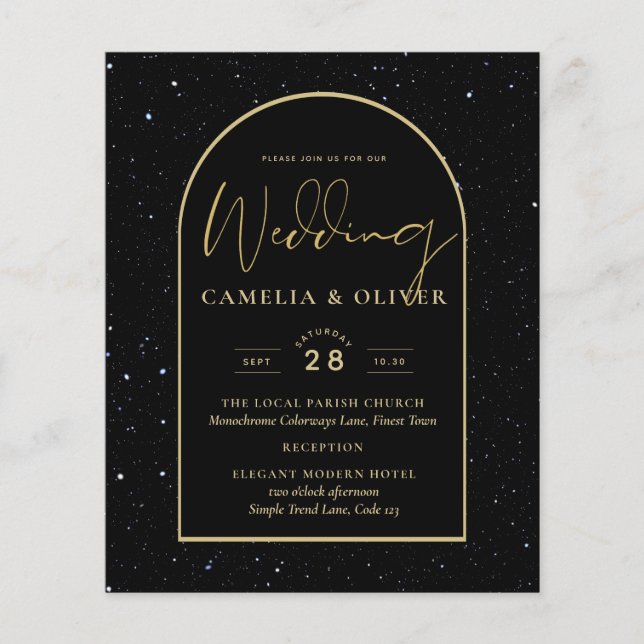 BUDGET Jet BLACK GOLD Starry Night Wedding INVITE Flyer (Vorne)