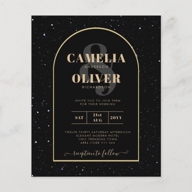 BUDGET Jet BLACK GOLD Starry Night Wedding INVITE Flyer (Vorne)