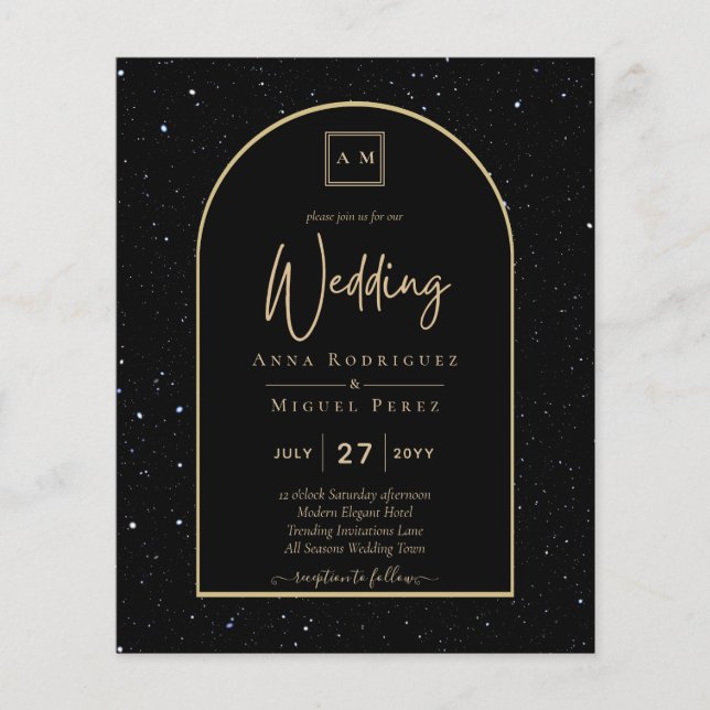 BUDGET Jet BLACK GOLD Starry Night Wedding INVITE Flyer (Vorne)