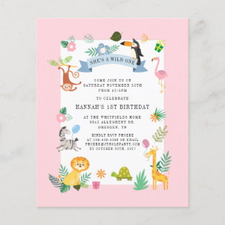 Budget Jungle Animals Girl 1. Geburtstag Einladung
