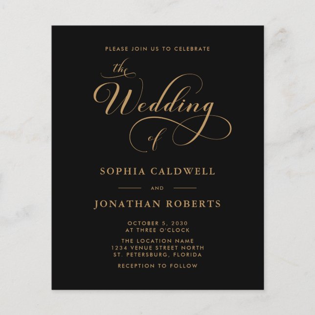 Budget Kalligrafie QR Code Black Gold Hochzeit (Vorderseite)