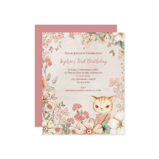 Budget Katze Floral 1. Geburtstag Mädchen Einladun