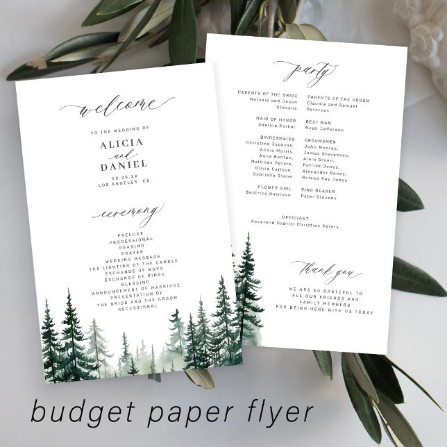 Budget-Kiefernwald-Ziel-Hochzeitsprogramm Flyer (Von Creator hochgeladen)