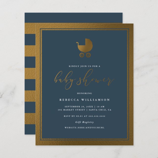 Budget Klasse Navy Blue Gold Pram Boy Baby Dusche (Vorne/Hinten)