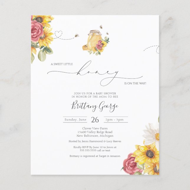 Budget Kleine Honey Bee Baby Dusche Einladung (Vorderseite)