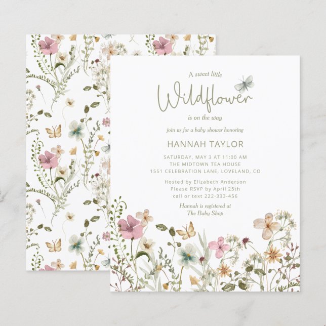 Budget Kleine Wildblume Kinderdusche Einladung (Vorne/Hinten)