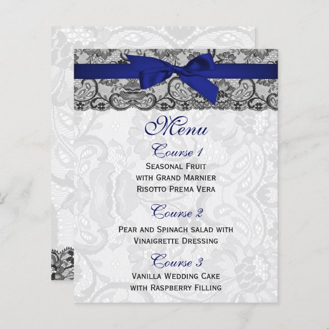 Budget Lace Ribbon Navy Hochzeitmenü Karten (Vorne/Hinten)