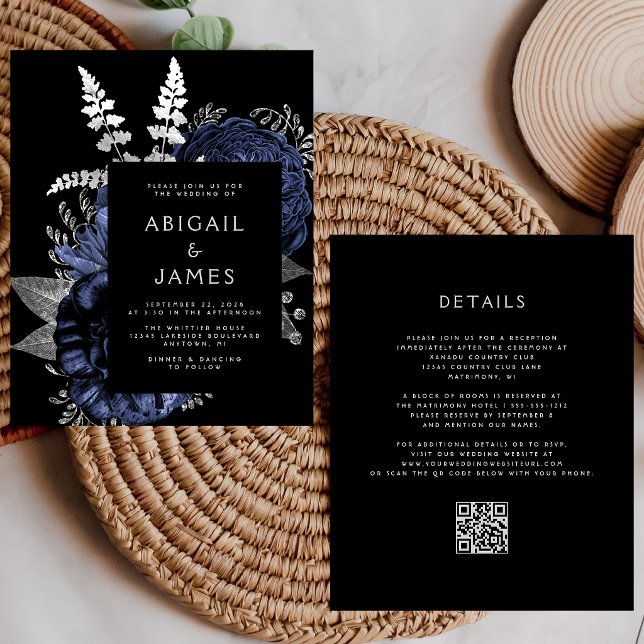 Budget Launisch Floral Navy Silber QR Code Hochzei (Von Creator hochgeladen)