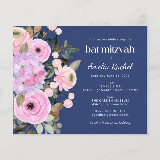 Budget Lavender Blue Floral Watercolor Bat Mitzvah (Vorderseite)
