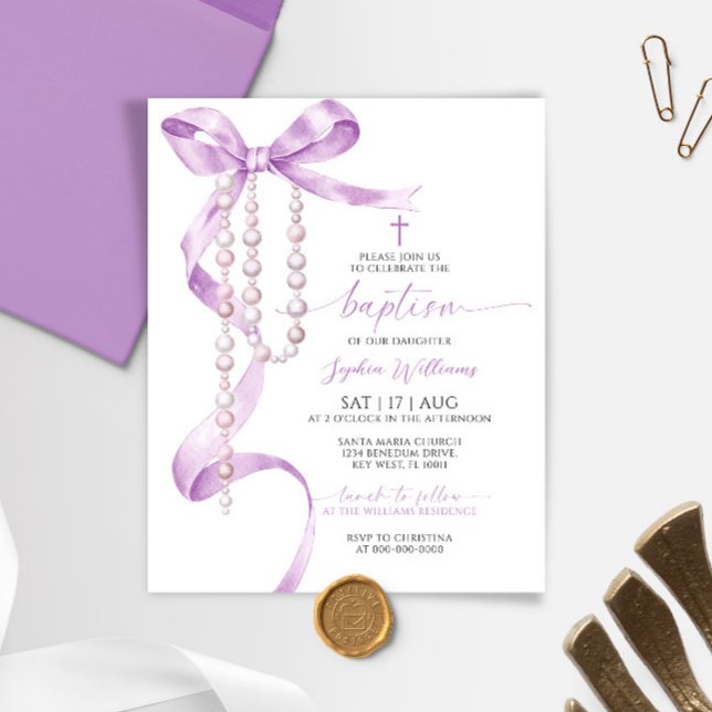 Budget Lavender Bow & Rosary Taufe Einladung (Von Creator hochgeladen)