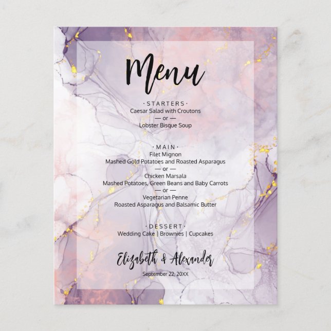 Budget Lavender Gold Marble Wedding Menü (Vorne)