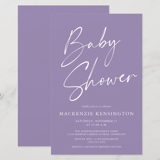Budget Lavender Lila Simple Script Baby Dusche (Vorne/Hinten)