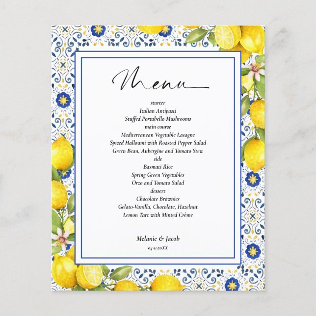 Budget Lemon Blue Tiles Hochzeitmenü Flyer (Vorne)