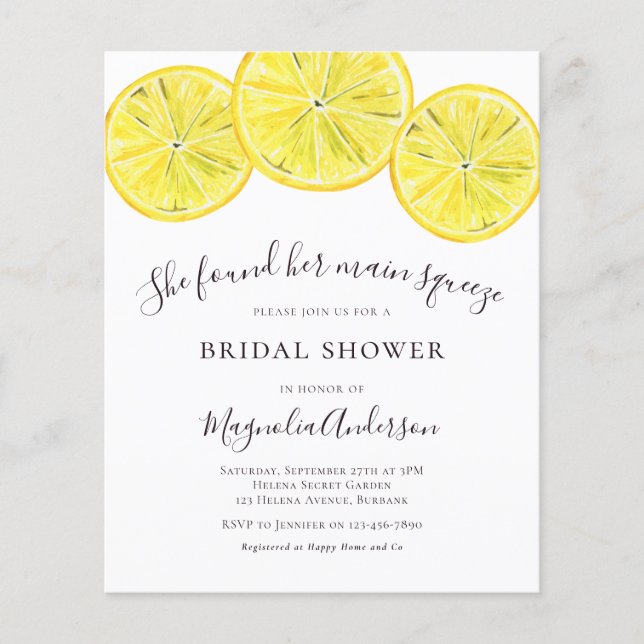 Budget Lemon Citrus Bridal Dusche Einladung (Vorderseite)