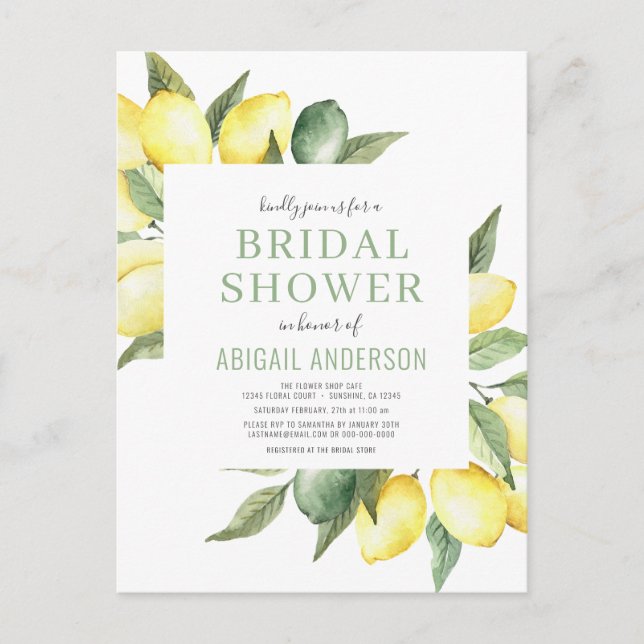 Budget Lemon Floral Bridal Dusche Einladung Postkarte (Vorderseite)