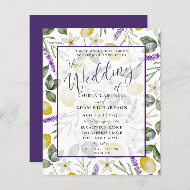 Budget Lemon & Lavender Foliage Wedding Einladung (Vorne/Hinten)