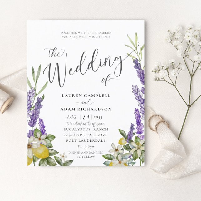 Budget Lemon & Lavender Foliage Wedding Einladung (Von Creator hochgeladen)