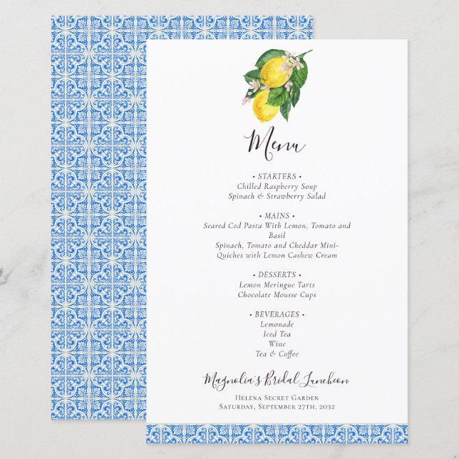 BUDGET Lemon Mediterranean Bridal Luncheon Menü (Vorne/Hinten)