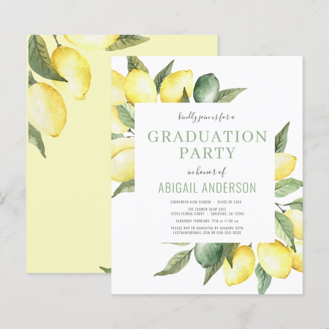 Budget Lemon Modernes Grad Party 2023 Einladung (Vorne/Hinten)