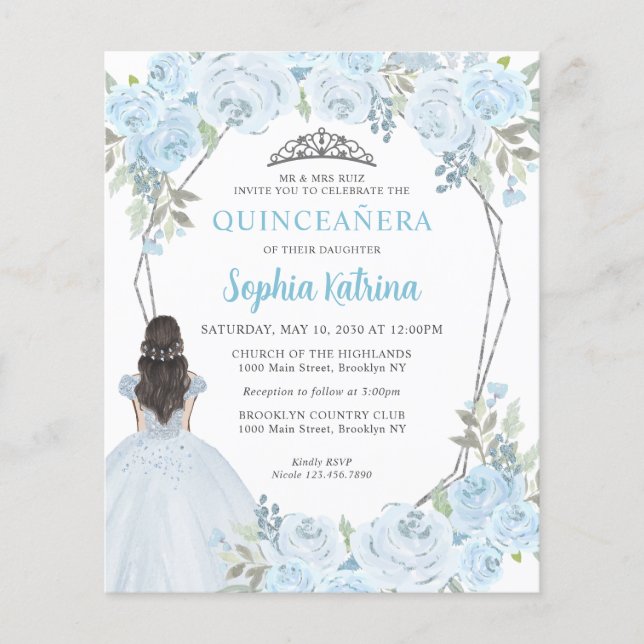 Budget Light Blue Gray Blumenprinzessin Quinceañer (Vorderseite)