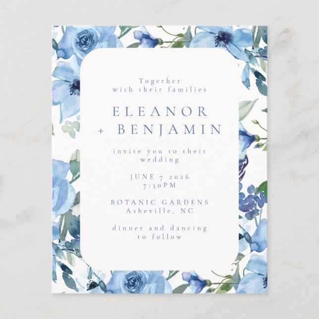 Budget Light Blue Watercolor Floral Wedite Einladu (Vorderseite)