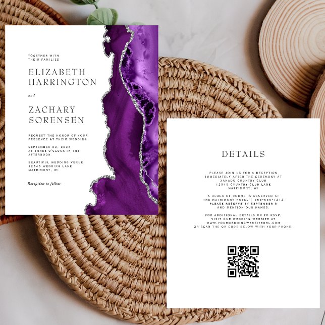 Budget Lila Agate Silver QR Code Wedite Einladung (Von Creator hochgeladen)