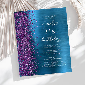 Budget Lila Aquamarin Glam 21. Geburtstag Einladun