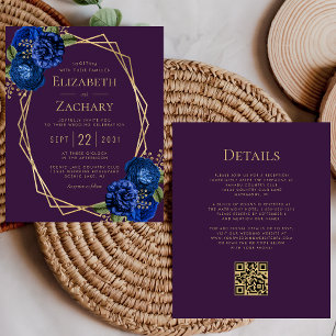 Budget Lila Blau Floral Gold QR-Code Hochzeit