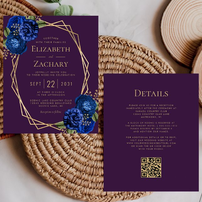 Budget Lila Blue Floral Gold QR Code Hochzeit (Von Creator hochgeladen)