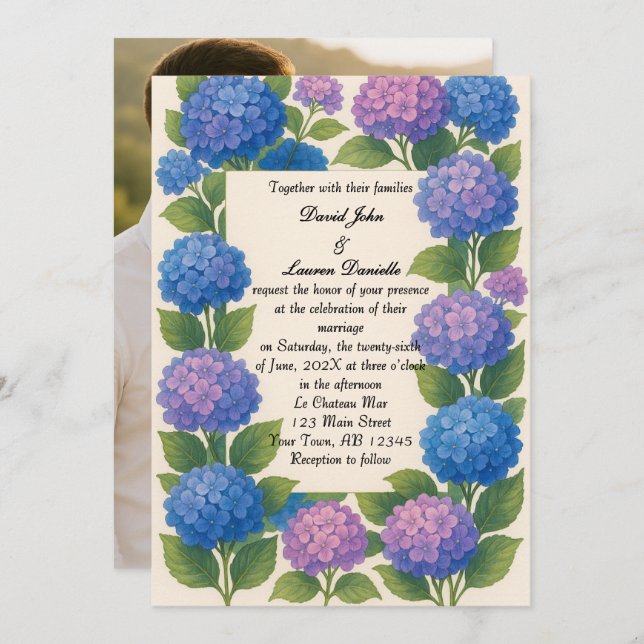 Budget Lila/Blue Hydrangea Foto Hochzeit Einladung (Vorne/Hinten)