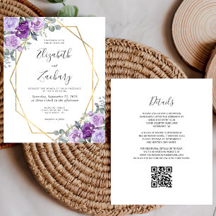 Budget lila Blumen Gold QR-Code Hochzeitseinladung