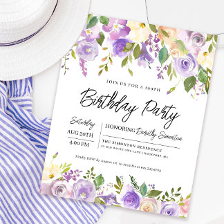 Budget Lila Floral 100. Geburtstag Einladung