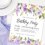 Budget Lila Floral 30. Geburtstag Einladung<br><div class="desc">Ehre eine besondere Frau mit dieser eleganten und weiblichen Geburtstagsfeier. Die Geburtstagsfeierlichkeiten sind von oben und unten lila Blumenrahmen umgeben. Die Blumenelemente sind in tiefgrüne Blätter eingebettet. Während es sich um ein traditionelles Design handelt, verleihen das offene und luftige botanische Blattwerk und der Text ihm ein zeitgenössisches Ambiente. Dieser Artikel...</div>