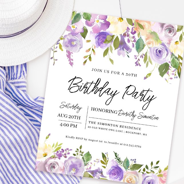 Budget Lila Floral 30. Geburtstag Einladung (Matching welcome sign and party supplies available. Message me for help finding them. )