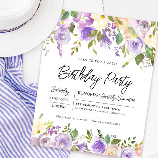 Budget Lila Floral 40. Geburtstag Einladung