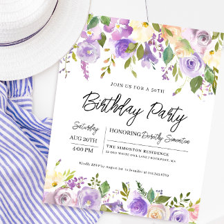 Budget Lila Floral 50. Geburtstag Einladung