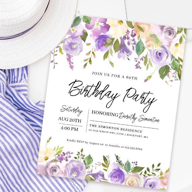 Budget Lila Floral 60. Geburtstag Einladung (Matching welcome signs and party supplies available. Message me for help finding them!)