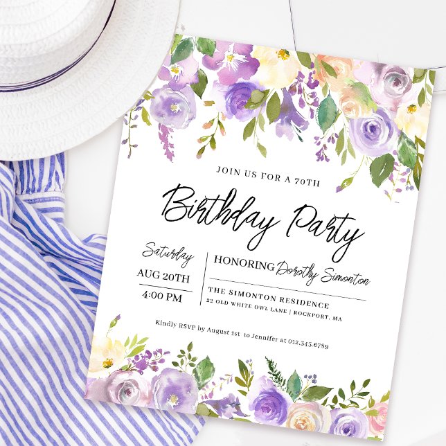 Budget Lila Floral 70. Geburtstag Einladung (Matching welcome signs and party supplies available. Message me for help to find them!)