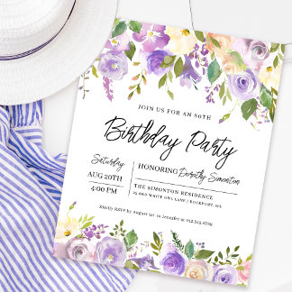 Budget Lila Floral 80. Geburtstag Einladung