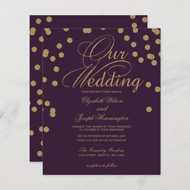Budget Lila Glitzer Confetti Hochzeit Einladung (Vorne/Hinten)