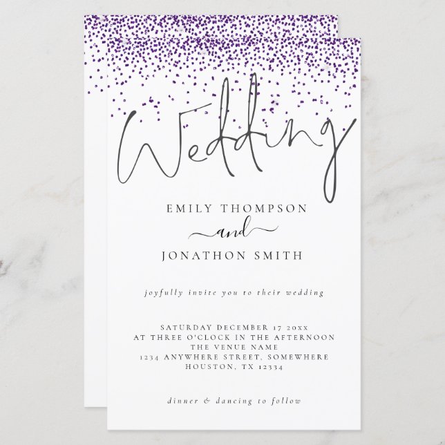Budget Lila Glitzer Confetti Wedding Einladung (Vorne/Hinten)